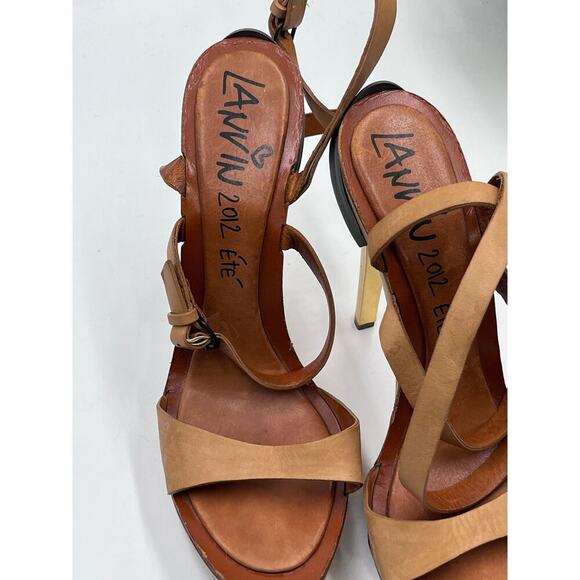 Lanvin‎ 2012 ETE "Opanca" Tan Buckle Strap Gold Wood Platform Stilettos 39/8-8.5 - Picture 6 of 12